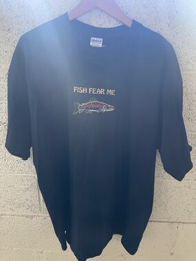 Fish Fear Me Embroidered Graphic Tee - Black